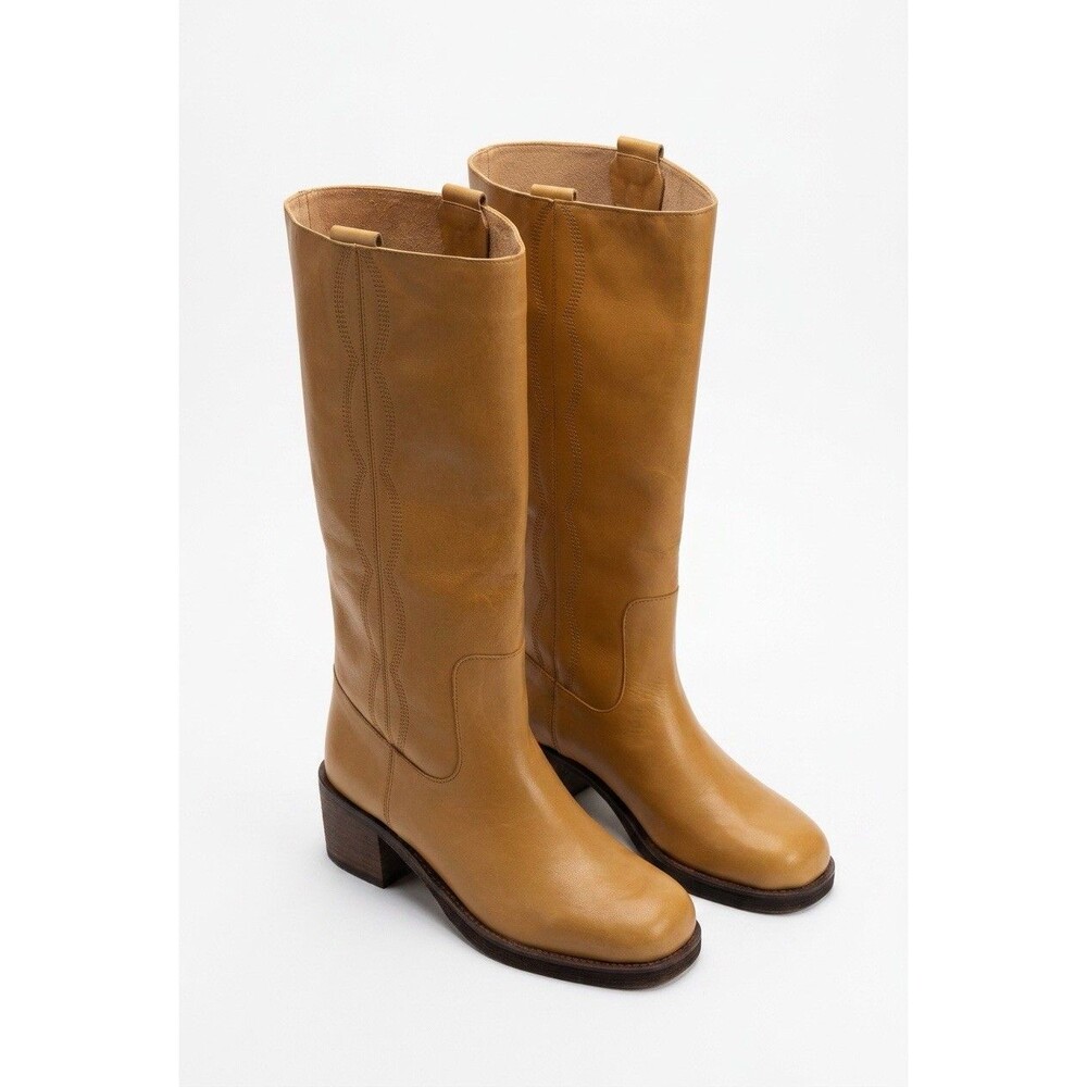 NWT ZARA Leather Western Knee High Boots Tan Camel Brown Women Size 10 EUR 41